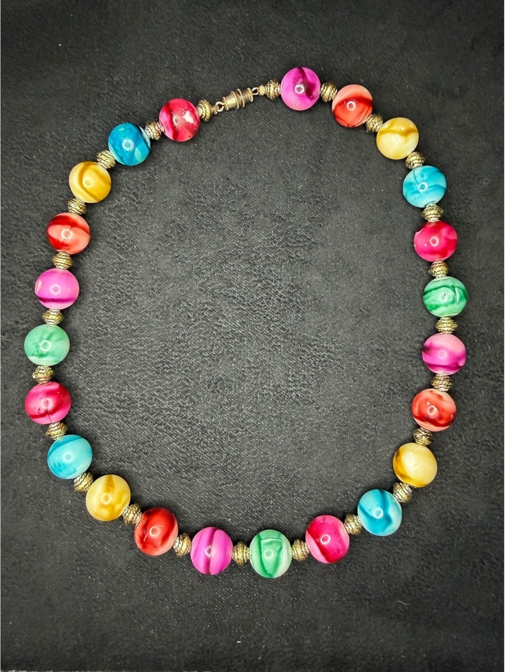 Chunky Vintage Rainbow Agate MultiColor Striped Stone Beaded Necklace 18in